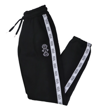 Load image into Gallery viewer, Repeat Logo Tape Black Fleece Joggers with 'Three Wise Monkeys' Embroidery