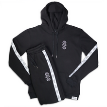 Load image into Gallery viewer, Repeat Logo Tape Black Fleece Joggers with 'Three Wise Monkeys' Embroidery