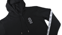 Load image into Gallery viewer, Repeat Logo Tape Black Fleece Hoodie with 'Three Wise Monkeys' Embroidery