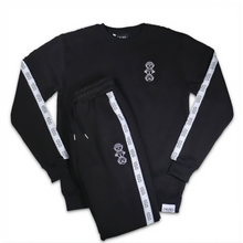 Load image into Gallery viewer, Repeat Logo Tape Black Fleece Joggers with 'Three Wise Monkeys' Embroidery