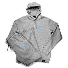 Load image into Gallery viewer, Matching Heather Grey Hooded Tracksuit with Blue 'Three Wise Monkeys' Embroidery