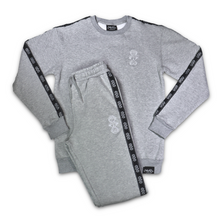 Load image into Gallery viewer, Repeat Logo Tape Heather Grey Fleece Joggers with 'Three Wise Monkeys' Embroidery