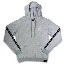 Load image into Gallery viewer, Repeat Logo Tape Heather Grey Fleece Hoodie with 'Three Wise Monkeys' Embroidery