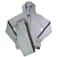 Load image into Gallery viewer, Repeat Logo Tape Heather Grey Fleece Hoodie with 'Three Wise Monkeys' Embroidery