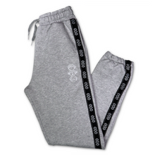 Load image into Gallery viewer, Repeat Logo Tape Heather Grey Fleece Joggers with 'Three Wise Monkeys' Embroidery