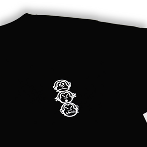 'Three Wise Monkeys' Mini Logo White Print - Short Sleeve Black Tee
