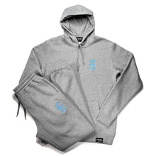 Load image into Gallery viewer, Premium Matching Heather Grey Hooded Tracksuit with Blue &#39;Three Wise Monkeys&#39; Embroidery
