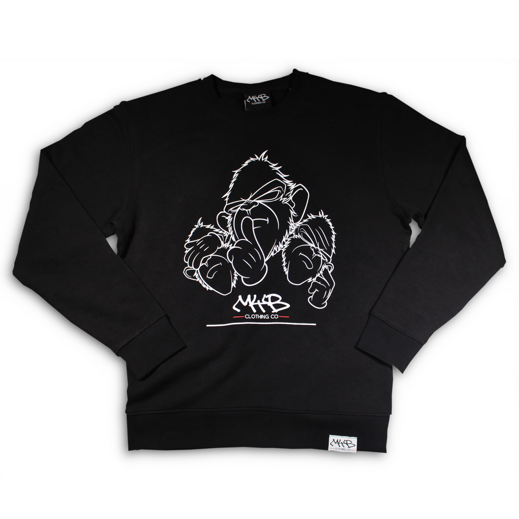 Black Crew Neck with Large Three Wise Monkeys 'Shhh' Logo Print