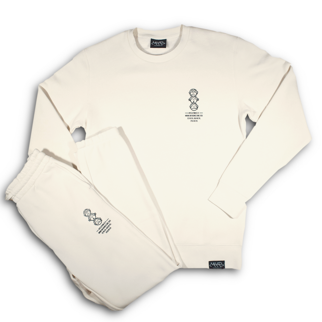 Premium Matching Cream Crew Neck Tracksuit with Black Mini Logo Print