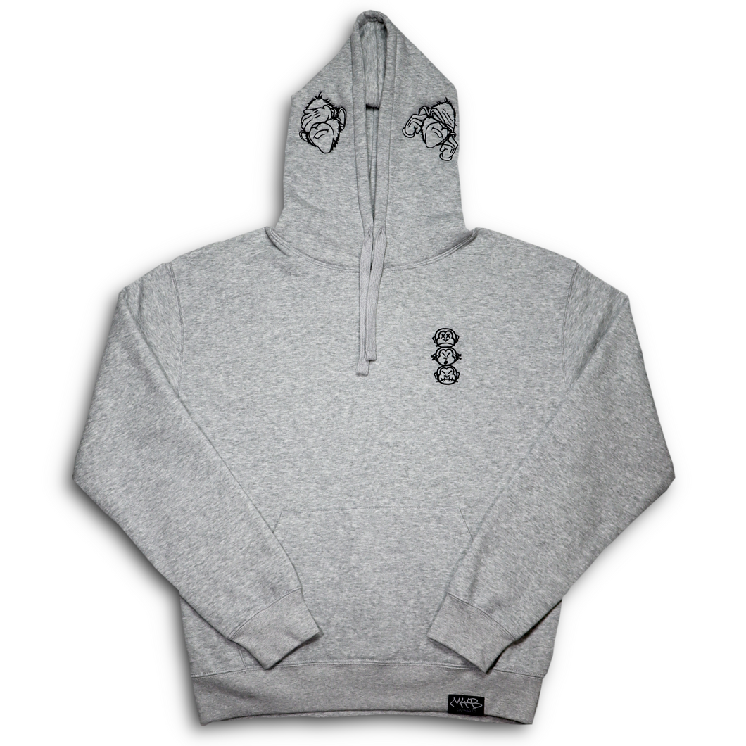 Heather Grey 'Deaf, Dumb & Blind' Hoodie with Back Print & Double Embroidered Hood.