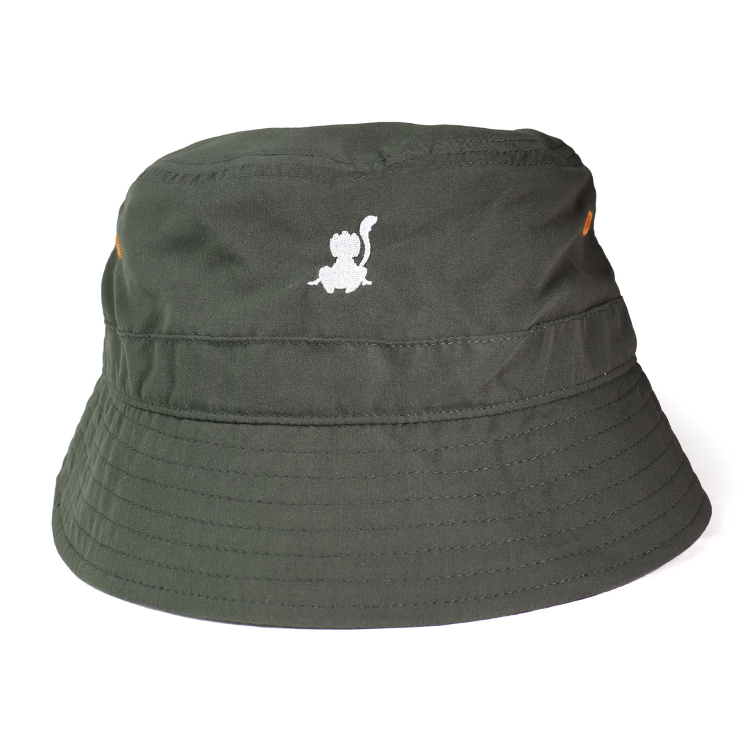 'Crouching Monkey' Embroidered Olive Green Bucket Hat