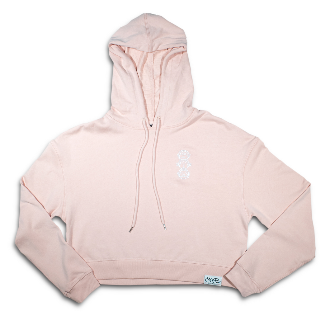 Womens Pink Cropped Hoodie with White 'Three Wise Monkeys' Embroidery