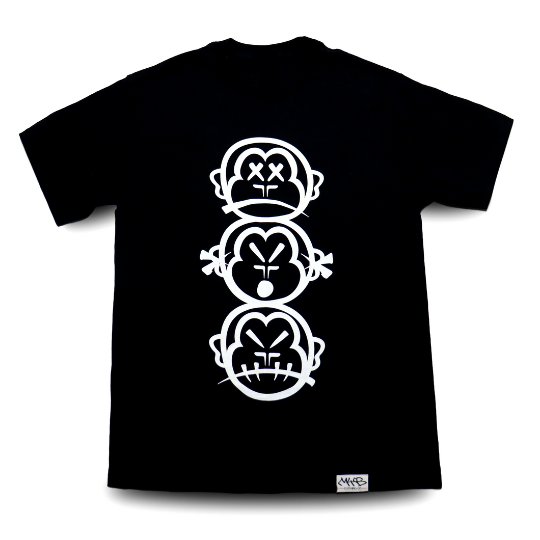 'Three Wise Monkeys' Large Logo - Short Sleeve Black Tee