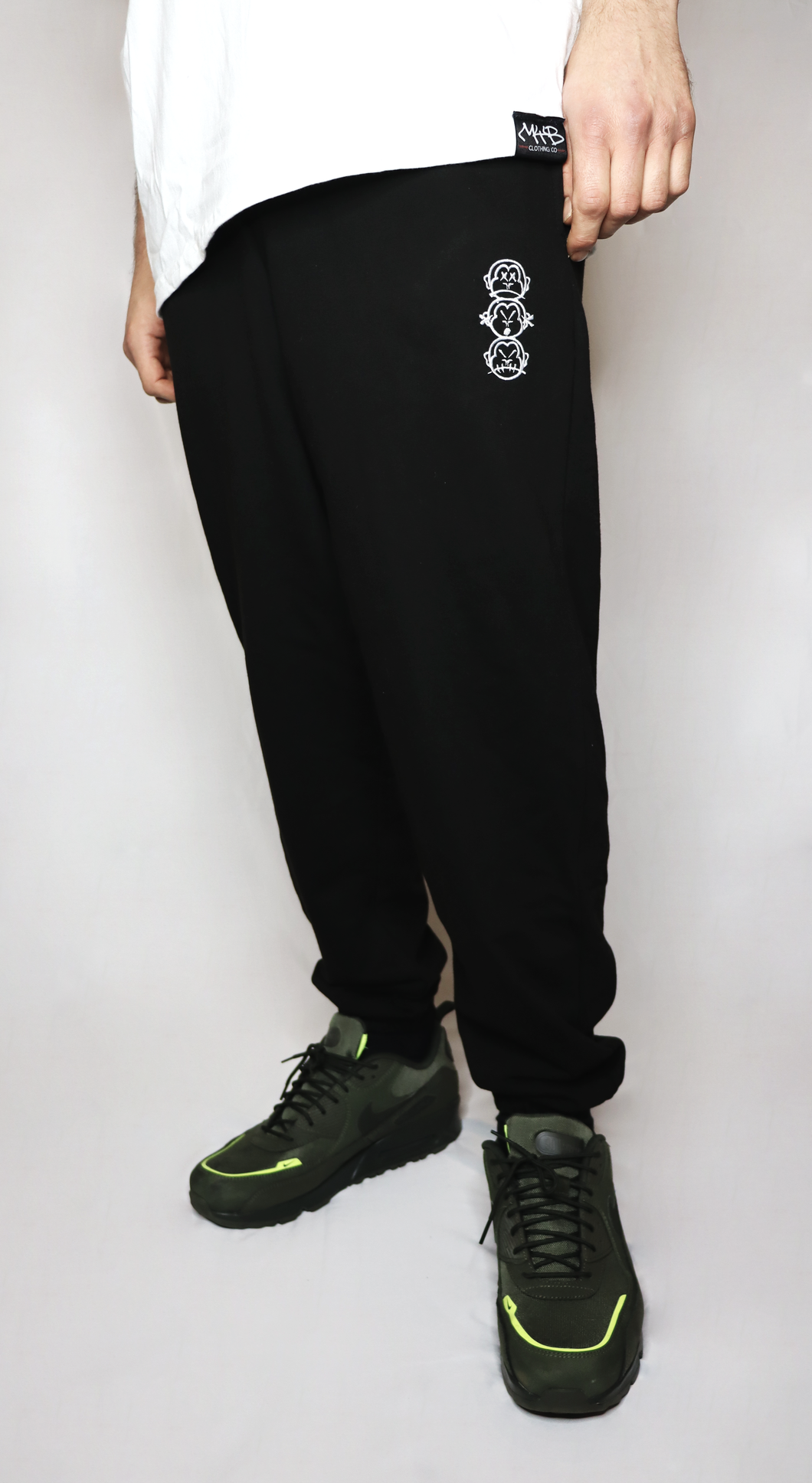 'Three Wise Monkeys' Embroidered Black Joggers