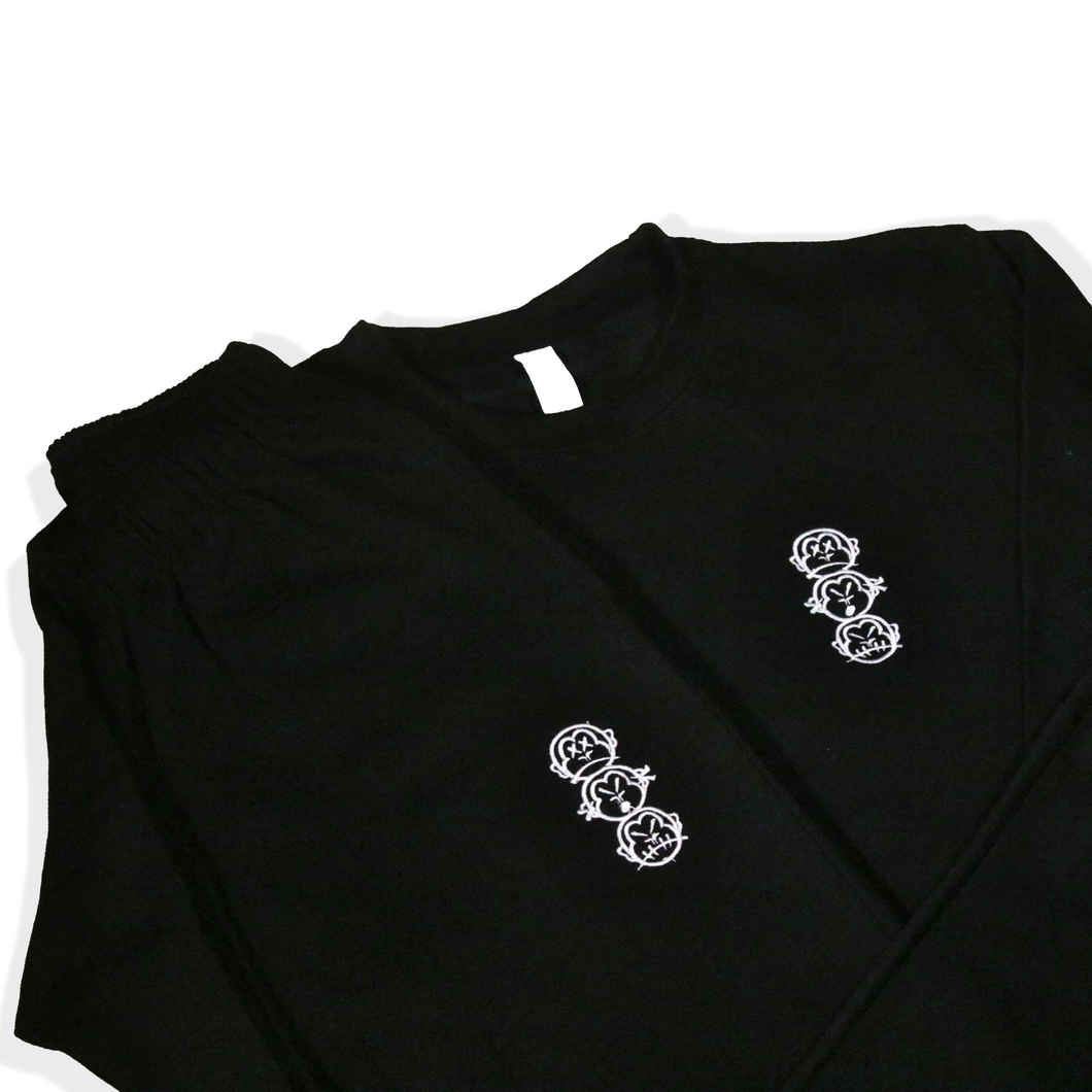 'Three Wise Monkeys' Embroidered Crew Neck Tracksuit - Black