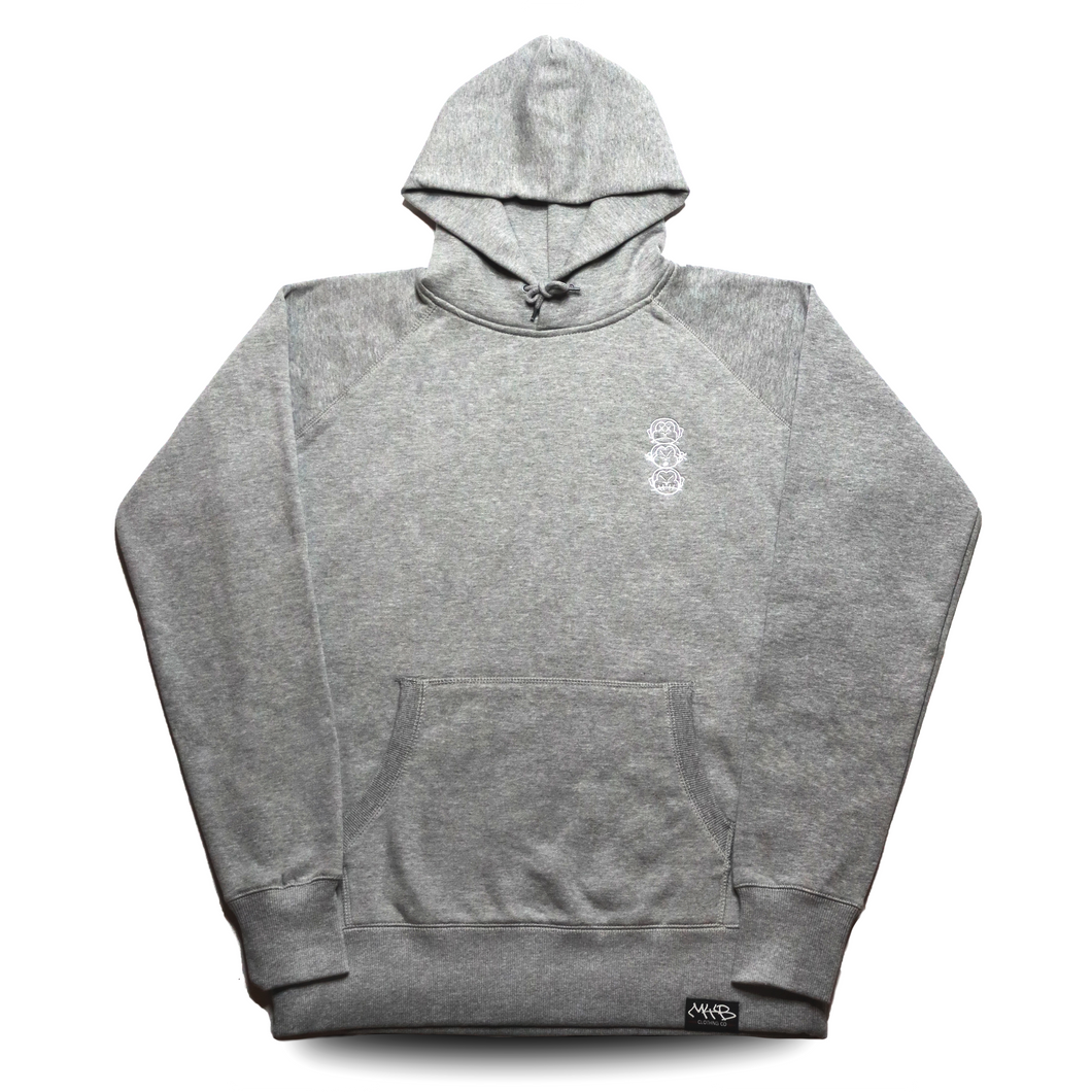 'Three Wise Monkeys' Premium White Embroided Heather Grey Hoody