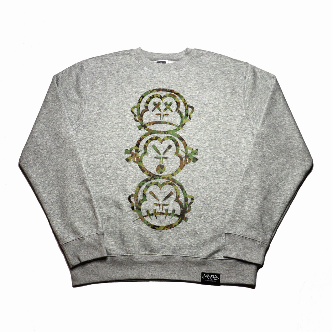 'Three Wise Monkeys' Camo Print - Premium Heather Grey Sweatshirt