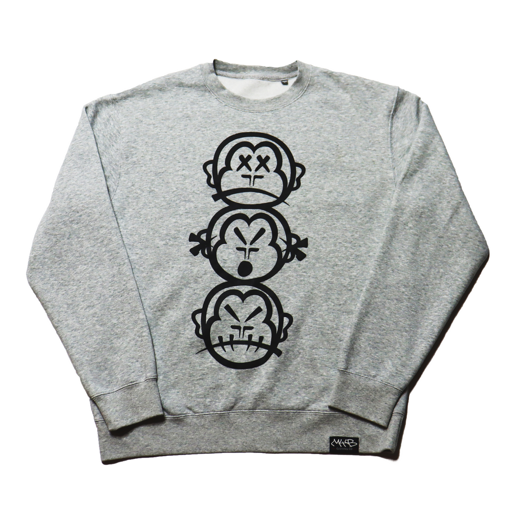'Three Wise Monkeys' - Large Print - Premium Heather Grey Cotton Sweatshirt