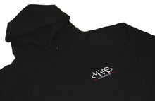 Load image into Gallery viewer, &#39;MYB Handstyle&#39; Embroidered Premium Black Hoody with &#39;Three Wise Monkeys&#39; BackPrint
