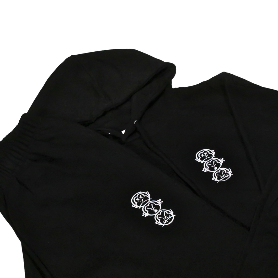 'Three Wise Monkeys' Embroidered Matching Hooded Tracksuit - Black