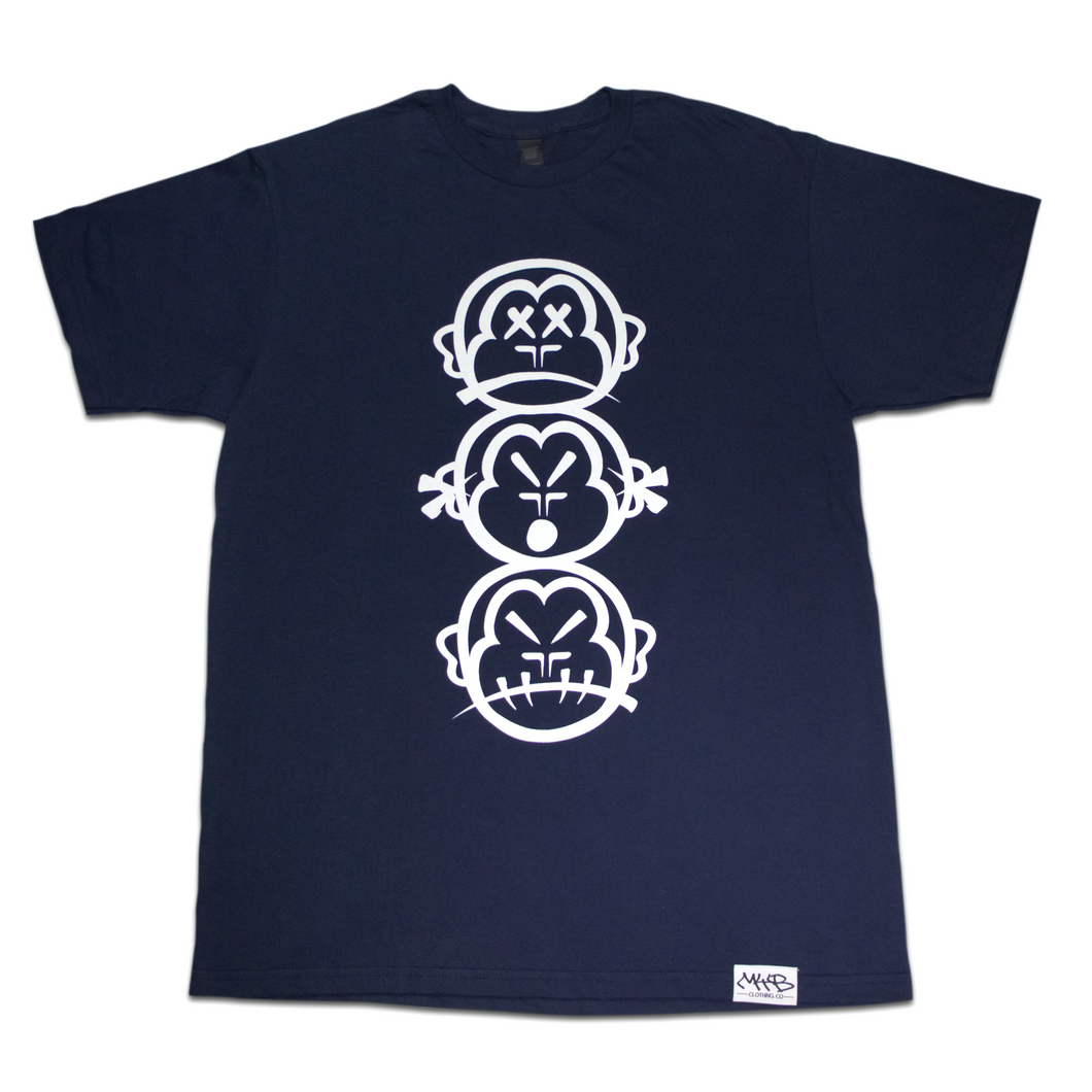'Three Wise Monkeys' Large Logo - Short Sleeve Navy Blue Tee
