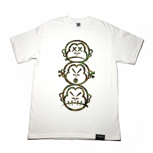 'Three Wise Monkeys' Camo Print - Short Sleeve White Tee