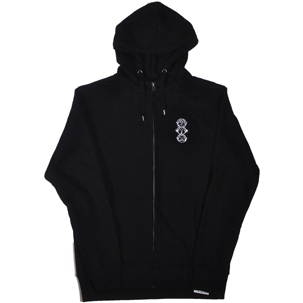 'Three Wise Monkeys' Embroidered Zip-Up Black Hoody